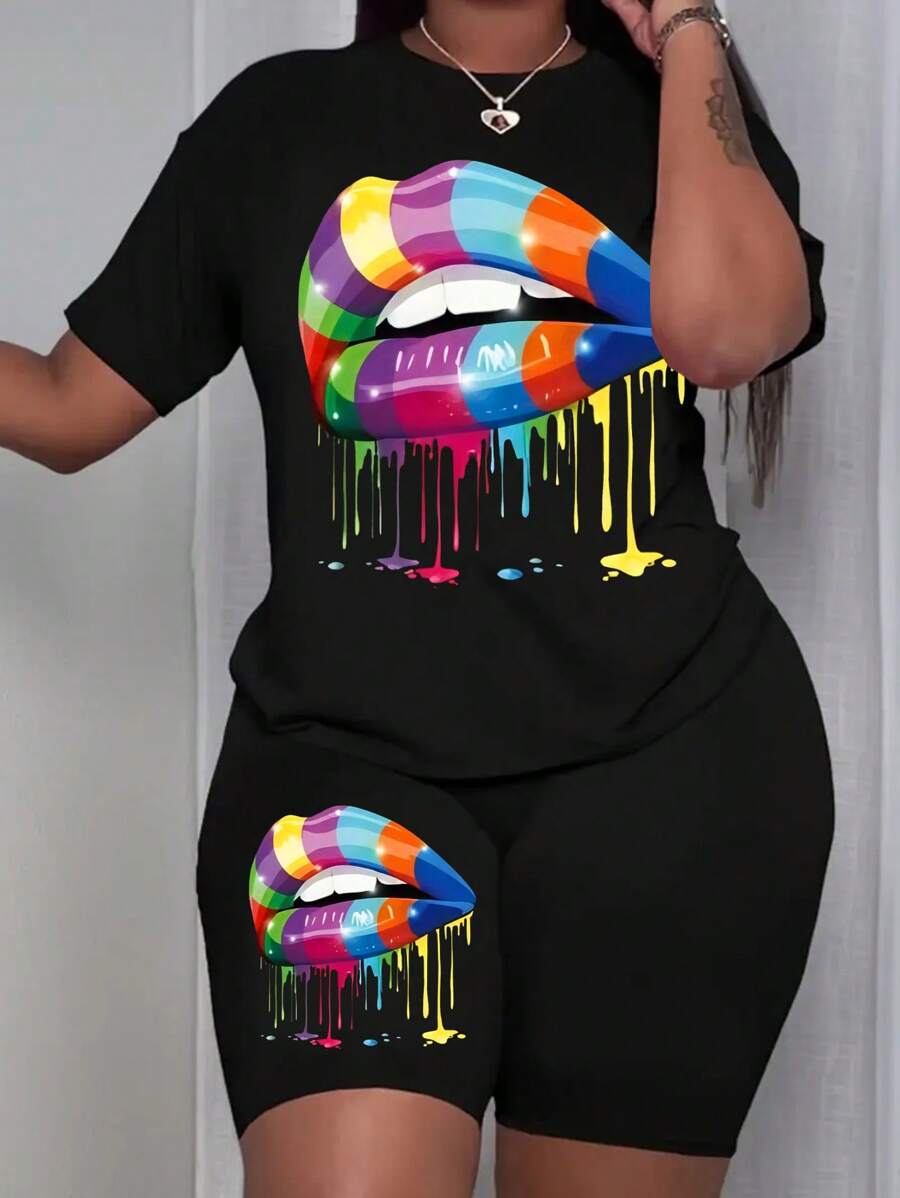 Maweii 2pcs Plus Size Summer Casual Lip Print T-Shirt And Shorts Set - Black - View 1