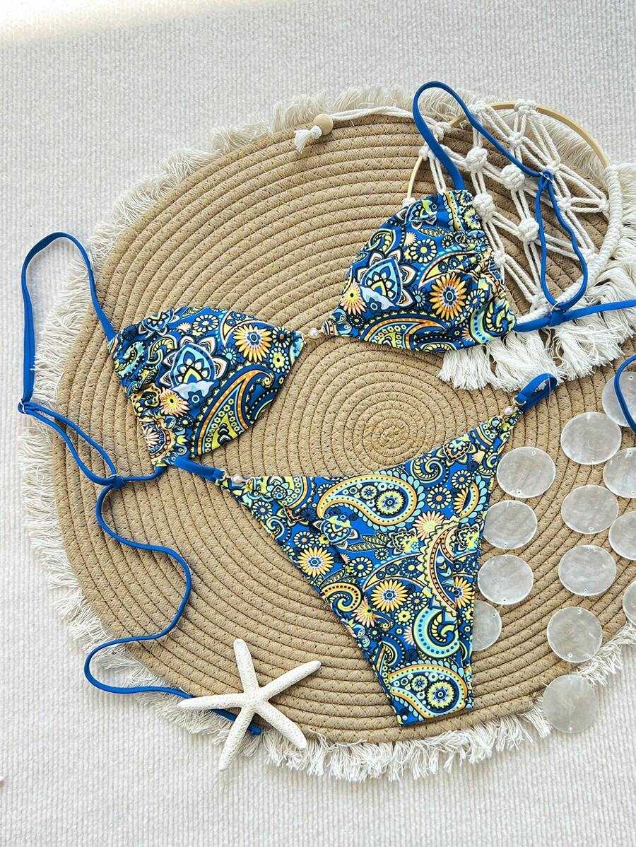 Swim Vcay 女士两件套珍珠纽扣装饰高开叉比基尼套装，适合海滩度假、夏季服装 - 彩色 - 查看 1