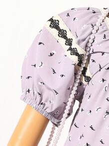 SHEIN 青少年女孩夏季方领碎花休闲泡泡袖衬衫 - 灰色 - 查看 3