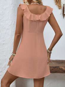 SHEIN VCAY Rochie mini cu guler cu volane de culoare solidă pentru femei - Roz - Vizualizare 3