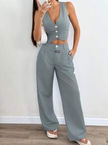 SHEIN EZwear 女士亚麻简约条纹印花抹胸长裤两件套秋冬 - 墨綠色 - 查看 3