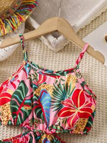SHEIN Vestido con estampado de plantas tropicales, corte en la cintura y tirantes para niña, para vacaciones de verano - Multicolor - Ver 7