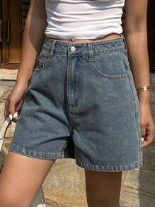 Dazy Tall Quần short denim nữ cạp thường kiểu dáng thường ngày - Rửa trung bình - Xem 4