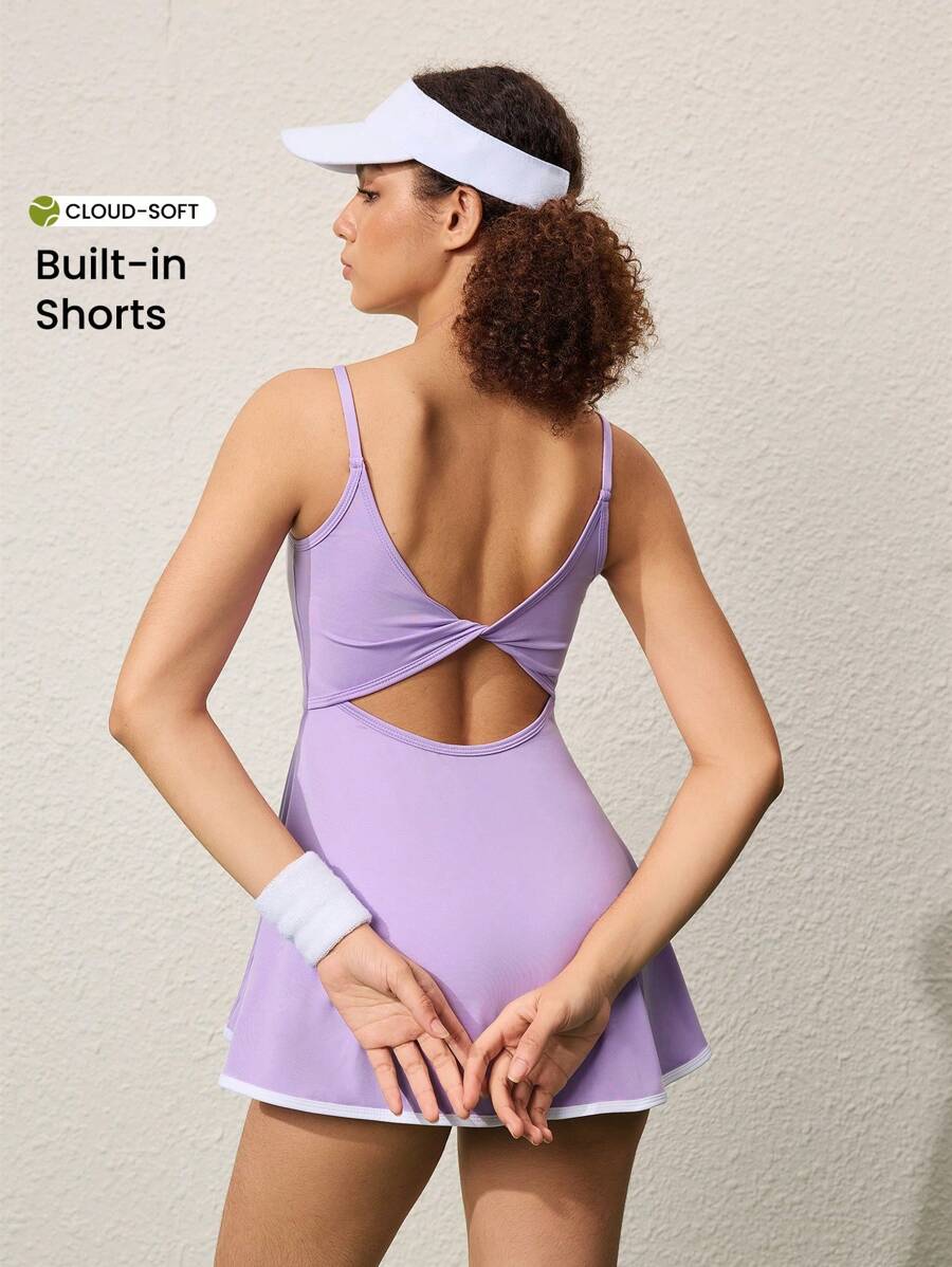 CourtClass Asymmetrical Hemline Twist Knot Waist Sports Dress With Pockets, Spring/Summer Athletic Dress - Purple - View 1