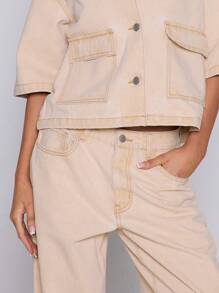 MUSERA Boxy Fit Collared Button Through Mid Sleeve Denim Top Only For Summer Western Vacation Streetwear Office Work Back To School Fall Autumn Winter Office Work Chic Spring - Khaki - View 5