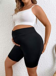 Plussiva Maternity Plus Size Solid Color Adjustable Waist Casual Shorts - Black - View 5