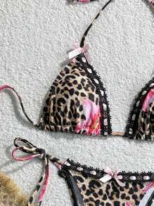 SHEIN Swim 女士度假沙滩豹纹花卉印花泳衣套装 - 棕色 - 查看 3