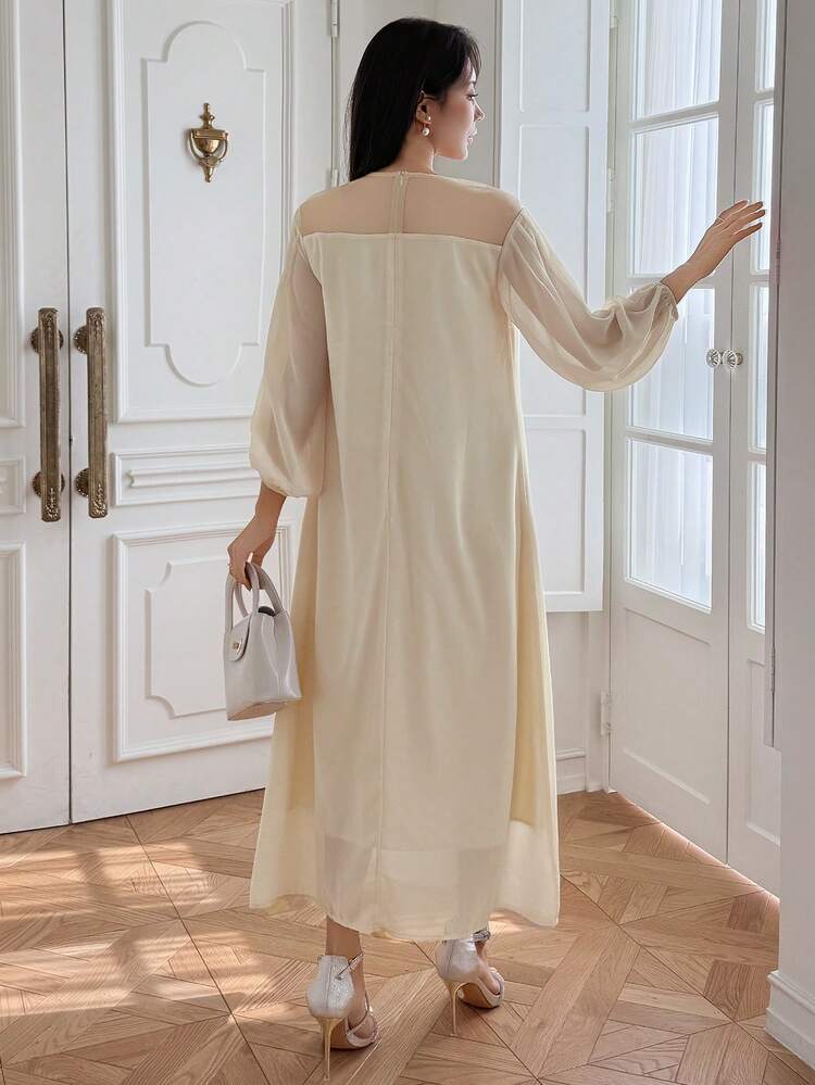 Elegant Women's Long Sleeve Dress With Mesh Patchwork And Lace Trim, Loose Fitting, Fall,Casual Women Dresses Maxi Dress
