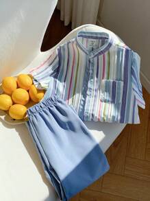 Conjunto de 2 piezas para niños pequeños, camisa de manga corta estampada con rayas y pantalón recto de color liso, informal y versátil