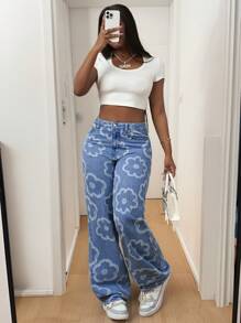 Slaydiva 新款春夏休闲度假花朵图案直筒阔腿超长裤浅洗蓝女牛仔裤-A