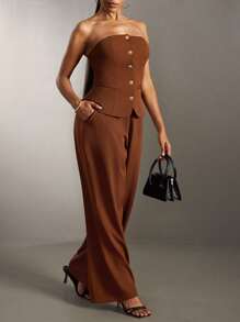 SHEIN SXY Women's Summer Sexy Elegant Minimalist Brown Metal Buckle Decor Vintage Suit Set, Cropped Top And Super Wide-Leg Pants 2Pcs, Suitable For Work, Commute, Date, Party, Birthday, Office, Professional Outfit, Formal Occassion