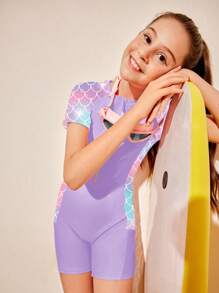 SHEIN Tween Girl Vacation Beach Fish Scale Print Patchwork One-Piece Swimsuit Summer Holiday