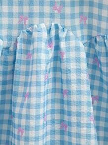 SHEIN Little Girls Summer New Checkered Bubble Texture Bow Print Bubble Short Sleeve Bow Collar Back Zipper Closure Dress, Simple Fashion Sweet Cute Vacation