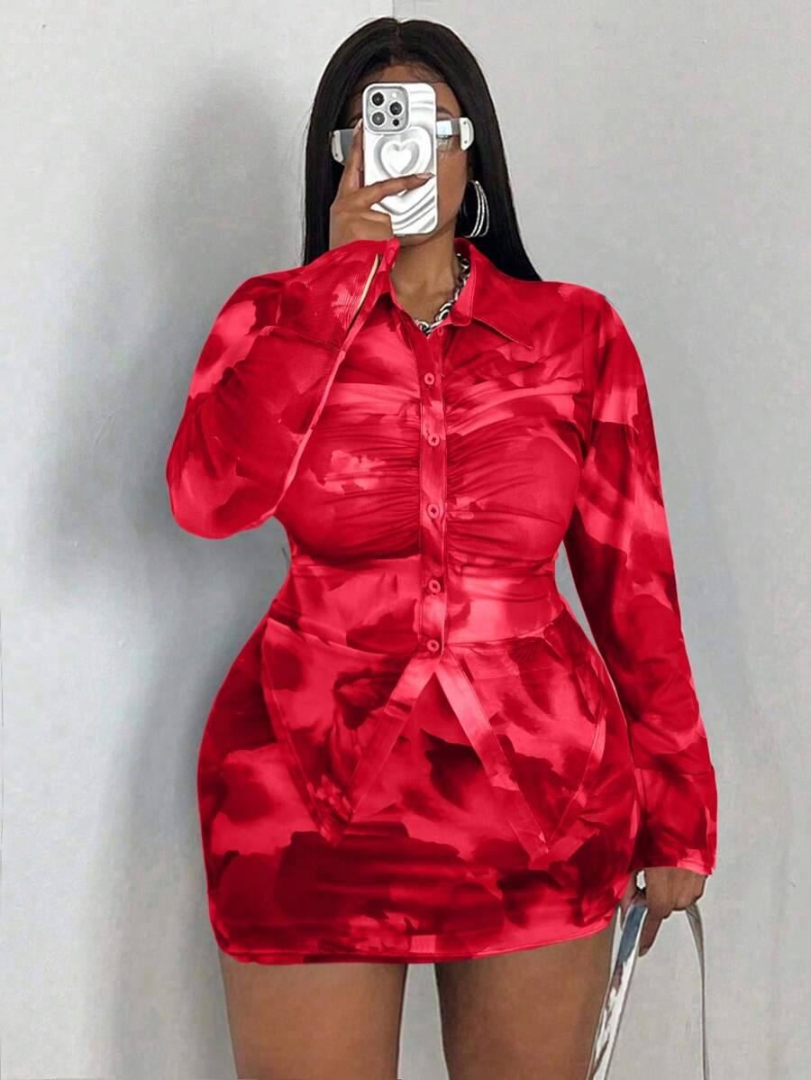 Maweii Plus Size Vintage-Look Mesh Magenta Top And Skirt 2 Pieces Set - Red - View 1