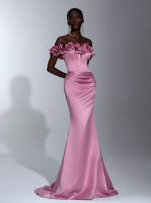 Glamrae Đầm suông trễ vai hoa sen hồng thanh lịch tuyệt đẹp lãng mạn thanh lịch satin hở vai 3D hoa ba chiều đuôi cá dây đeo có thể điều chỉnh hẹn hò kỳ nghỉ độc thân sinh nhật người lớn lễ tiệc khiêu vũ tốt nghiệp mùa về quê đám cưới sự kiện phù hợp đầm dạ hội bền chắc, trang trọng, váy dài, cho buổi tối, khách dự tiệc cưới - Bụi hồng - Xem 6