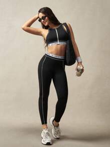 VARSIVA Women's High Waisted Letter Tape Contrast Trim Sports Leggings - Black and White - View 3