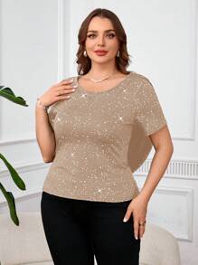 SHEIN Clasi Plus Size Women Elegant Contrast Lace Short Sleeve Open Back T-Shirt Imitation Sequins - Khaki - View 6