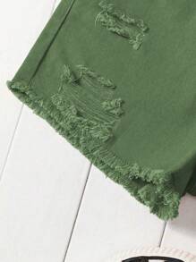 Tween Girl Daily Boho Casual Ripped Raw Hem Elastic Waist Denim Shorts - Green - View 6