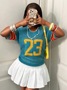 BamGleam Women Openwork Jacquard Knit Top With Number Design - Multicolor - View 3