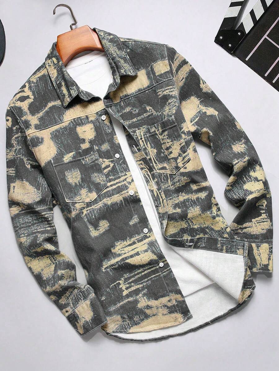 Manfinity Homme Men's Abstract Print Denim Shirt: Long Sleeve Regular Fit Shirt Collar Button-Down Casual Top With Pockets In Black And Khaki - Black - View 1