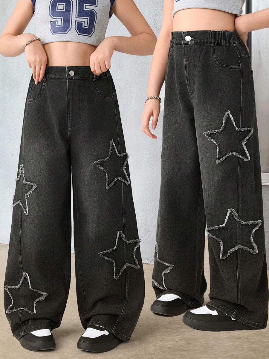 SHEIN Tween Girls 街头风格酷炫美国星形贴片洗水做旧宽松牛仔裤 - 黑色 - 查看 1