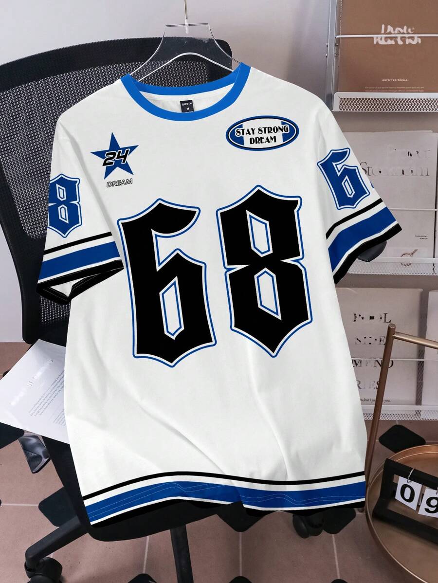 SHEIN EZwear 休闲简约经典运动条纹图案、68 数字和侧面图案圆领短袖宽松女式 T 恤