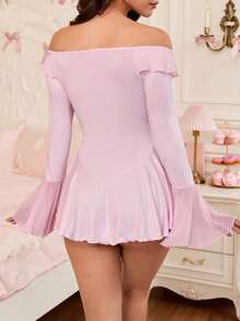 SweetSlumber Women's Elegant Solid Color Off Shoulder Ruffle Hem Mini Nightgown