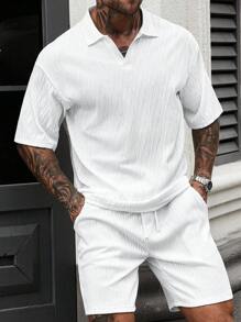 Manfinity Homme Men's Summer Casual Solid Color Short Sleeve Polo Shirt And Shorts Set - White - View 7