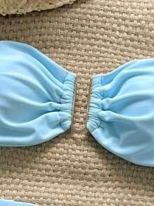 Swim Chiccia Spring Break Women Summer Solid Color Metallic Bandeau Top And Thong Brief 2 Pieces Bikini Set - Blue - View 4