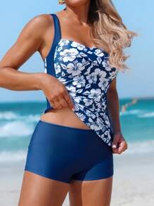 Swim Lushoire New Pattern Dual-Strap Tankini Top & Modest Coverage Boyshort Bottoms 2pcs Swimsuit Set For Summer Beach Vacation - Blue - View 1