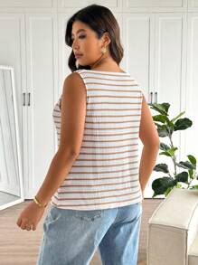 SHEIN Frenchy 大码女士时尚休闲条纹衬衫，通勤风格春夏新品 - 黃色 - 查看 2