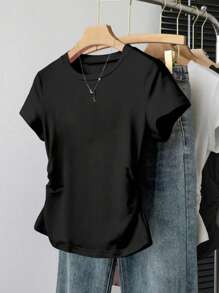 Camiseta casual versátil de mujer de unicolor, cuello redondo, manga corta y plisada