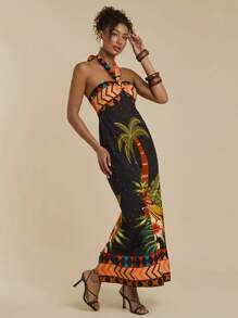 Travachic 女士度假棕榈树印花吊带连衣裙 - 黑色 - 查看 3