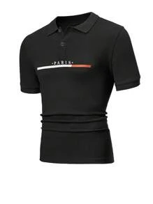 RueChic Men Casual Button Collar Letter Printed Regular Short Sleeve Polo Shirt - Dark Grey - View 4