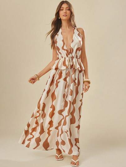 L'Amorae 女式性感撞色印花露背连衣裙