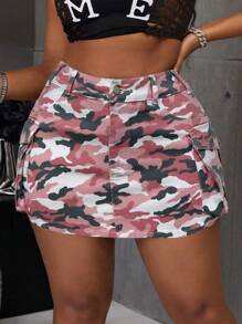 SHEIN SXY 大码夏季迷彩弹力牛仔A字裙 - 粉色 - 查看 4
