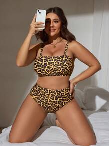 Swim Lushoire Plus Size Women Leopard Print Basic Minimalist Tankini Swimsuit - Yellow - View 4
