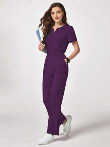 TaskEZ Simple Solid Color V-Neck Short Sleeve Scrub Uniform Set, Suitable For Summer - Purple - View 3