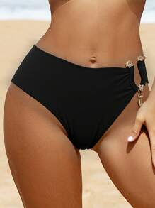 SHEIN Swim Women's Solid Color High Waist Sexy Beach Shorts, Spring/Summer - Black - View 3