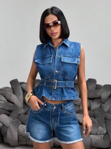EURMUSE SLEEVELESS DENIM GREY VEST WITH BELT - Dark Wash - View 7
