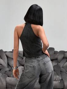 RueChic Y2K Summer Fashion Distressed Denim Halter Tank Top With Zipper Side Slit Sexy Outfit Damen Cowgirl Outfit - Grey - View 2