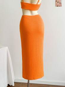 Soleia Women Summer Solid Color Hollow Out Waist Long Cami Dress - Orange - View 6