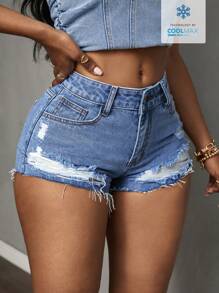 Slaydiva Shorts vaqueros casuales y versátiles con bolsillos y efecto desgastado para mujer