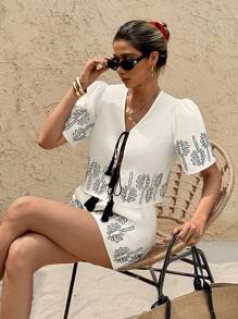 SHEIN Frenchy 女士度假休闲刺绣泡泡袖衬衫和短裤两件套 - 米色 - 查看 8