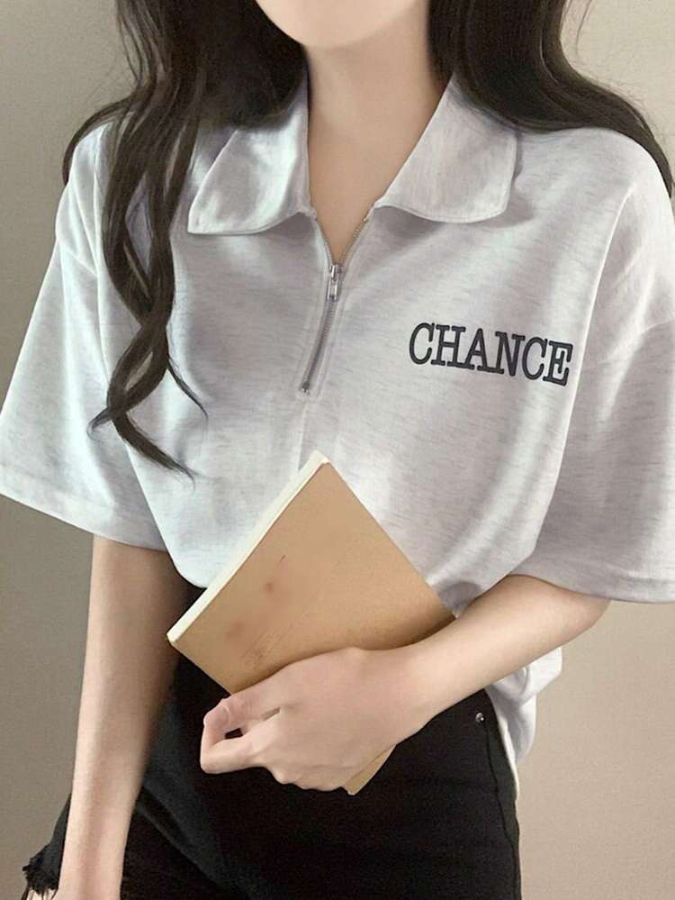 Women's Casual Collared Letter Printed T-Shirt Summer