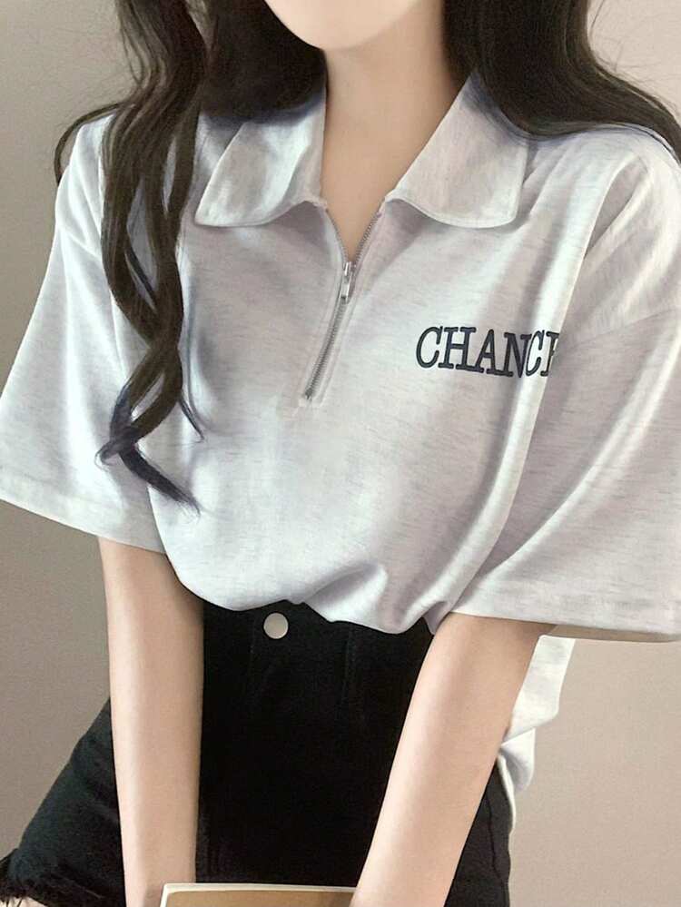 Women's Casual Collared Letter Printed T-Shirt Summer