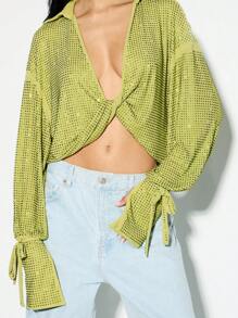 KIZN Lưới Sequin Áo Cánh Dáng Ngắn Dài Tay Áo Xoắn Phía Trước Bữa Tiệc Câu Lạc Bộ Lễ Hội Mùa Hè Mùa Xuân Lưới Hàng Đầu Lung Linh Quần Áo Câu Lạc Bộ Biểu Diễn Khiêu Vũ Lấp Lánh - màu xanh lá - Xem 4