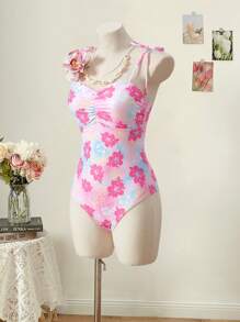 SHEIN MOD One-Piece Swimsuit With Shoulder Strap, Ruched Front, Waist Cinched, Floral Print, Perfect For Vacation, Beach, SPA,Beach  ,Boho,Romantic ,Tropical  ,Vacation ,Floral,Pink Beach One-Piece Swimsuit, Cute, Kawaii
