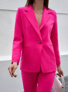 Lapel Neck Blazer & Slant Pocket Self Buckle Belted Suit Pants - Pink - View 6