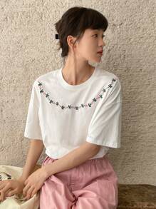 FRIFUL Floral Embroidery Drop Shoulder Tee - White - View 7